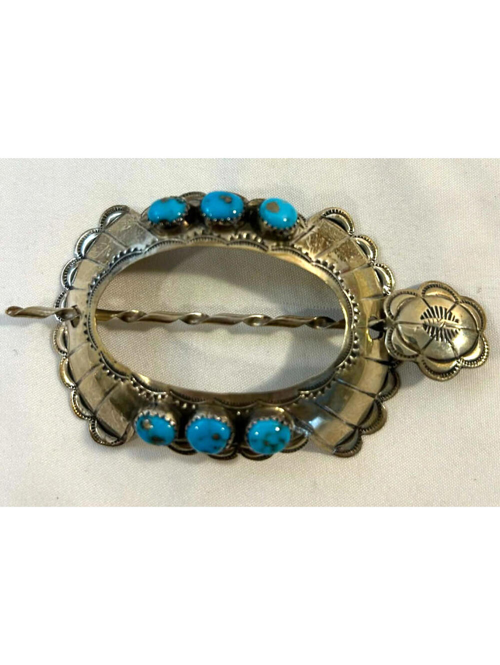 Vintage Silver Turquoise Barrette Clip Brooch Ornate Southwestern Style